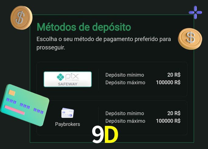 O cassino 9D oferece uma grande variedade de métodos de pagamento
